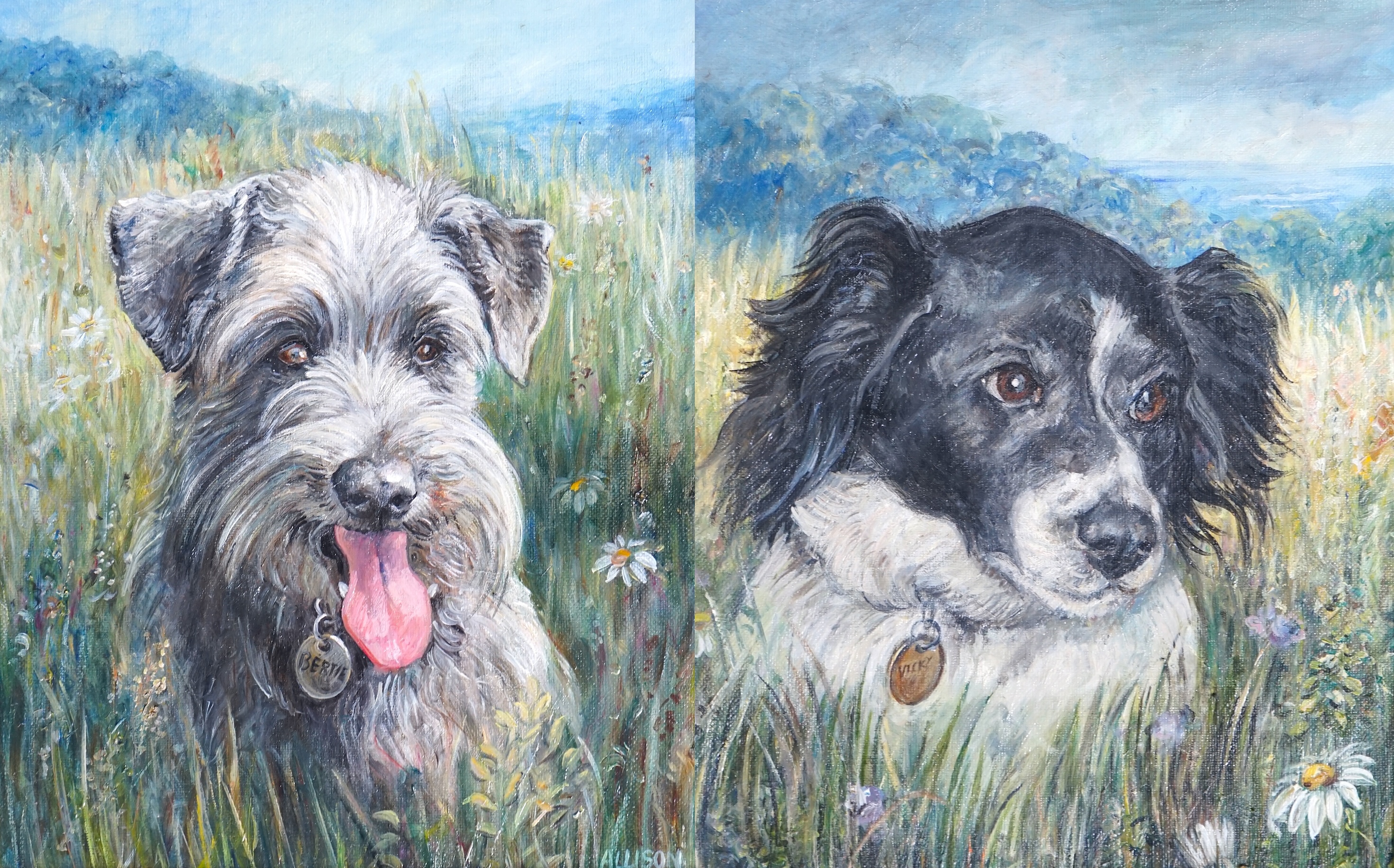 Allison, pair of oils on canvas, Studies of dogs, 'Vicky' and 'Bertie' before landscapes, each signed, 26 x 20cm. Condition - fair to good